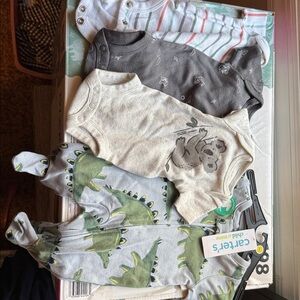 Carter's Preme 4 piece set. One Piece, Dinosaur Design Blue Olive. 3 onesies